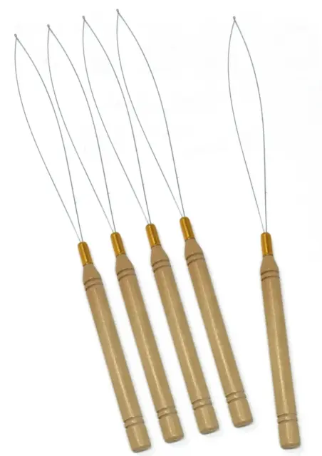 5 Wooden Handle Hair Extensions Loop Needle Threader Wire Pulling Hook Tool