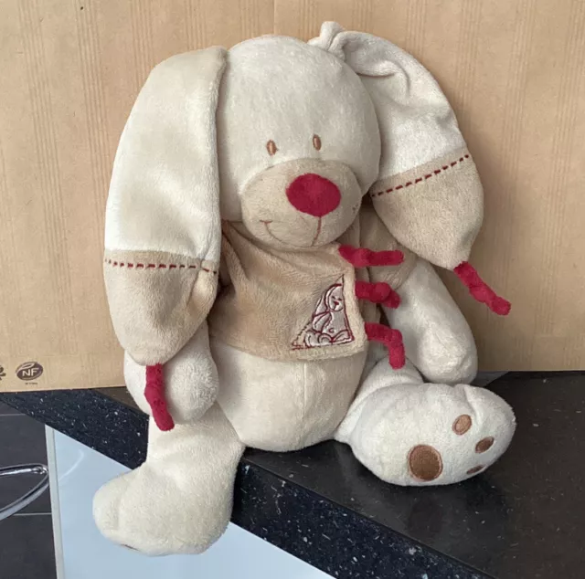 DOUDOU PELUCHE avec billes NICOTOY LAPIN BASTIEN 26CM BEIGE NOEUD BORDEAUX