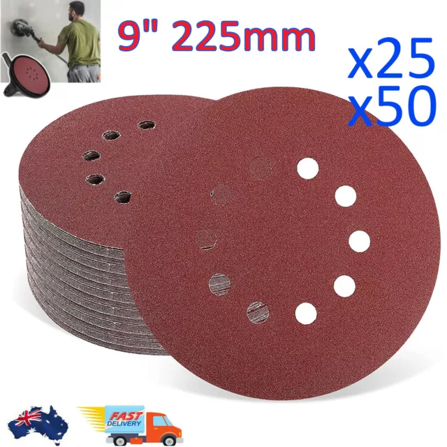 25/50x Sanding Discs Hook Loop Plaster for Drywall Sander Pads 9" 225mm 10 Holes