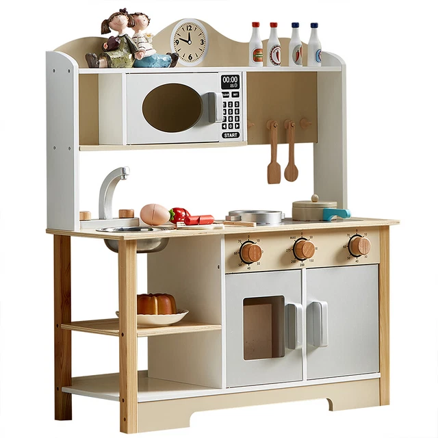 Kids Wooden Kitchen Role Play Toy Pretend Playset with Pot&Microwave &Oven Gift