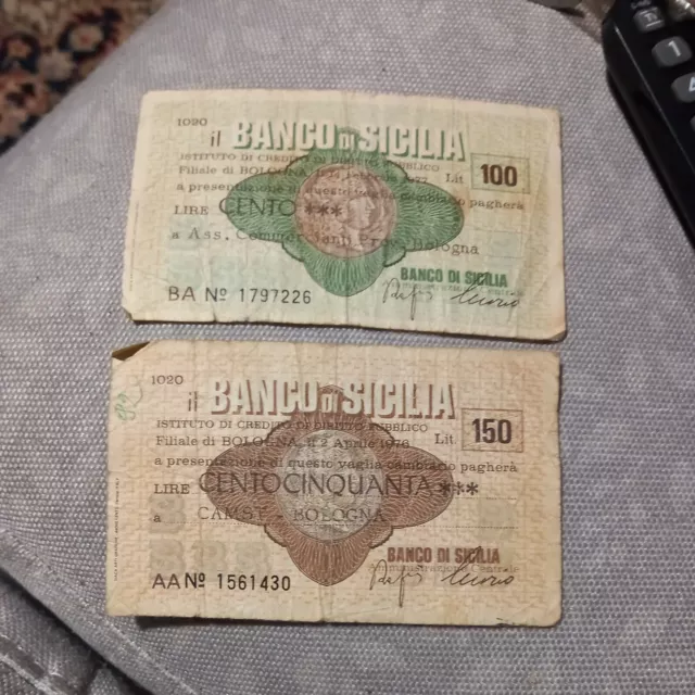 mini assegni BANCO DI SICILIA DA 100 E 150 LIRE 1976-1977