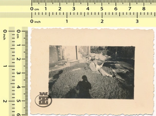 #031 VTG ORG BW PHOTO Man Read Papers Garden Scene 30s Photographer Shadow Shade