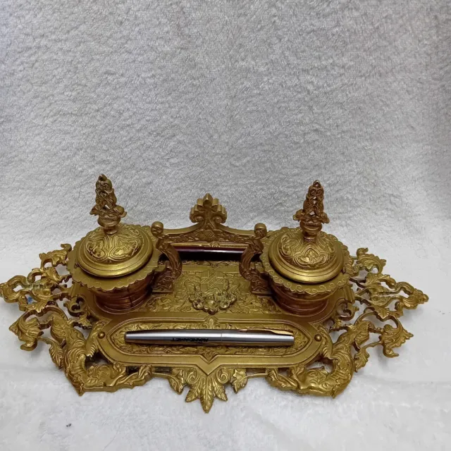 Large Antique French brass desk inkwell stand double inkwell pen stand DEPOSE