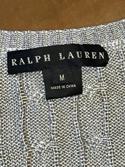 RALPH LAUREN Silver Metallic Sweater • Black Label Cable Knit V-Neck • Medium 3