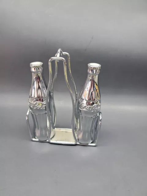 Coca-Cola Silver Salt & Pepper Shakers & Stand Or Holder