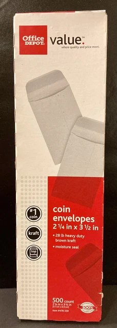 Office Depot 500 Coin Envelopes 2 1/4"x 3 1/2" No. 1 Moisture Seal Unopened Box