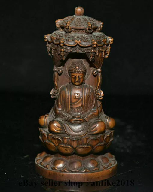 4" Old Chinese Boxwood Hand Carving Feng Shui Sakyamuni Kwan-yin Buddha Statue