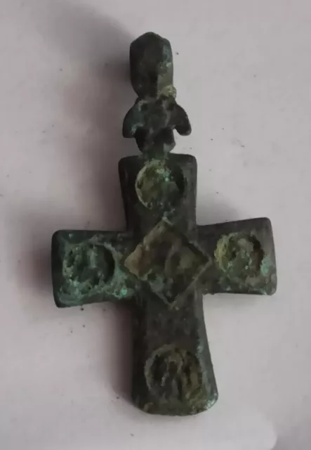 Wearable Ancient Byzantine Bronze Cross With Religious Figures 1200-1400 Ad 2