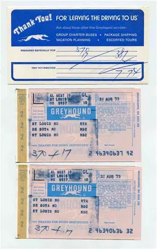 Greyhound Bus Lines Ticket Envelope & 2 Tickets St Louis Desoto Missouri 1973