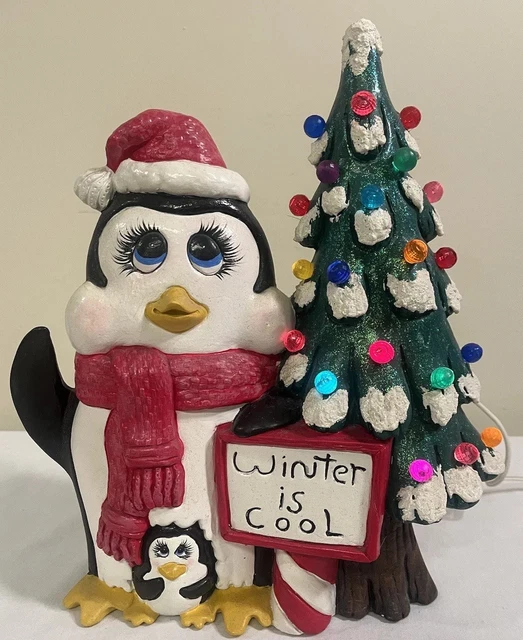 VTG HAND MADE Mommy Penguin & Baby MOLD LIGHT UP CERAMIC CHRISTMAS TREE Winter