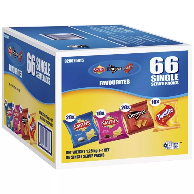 66 x 1.25 kg Smith's Crinkle Cut Variety Box Party Snack Chips Twisties SALE