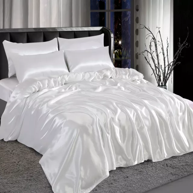 White- 6 Pcs Satin Silk Bedding Set Duvet Cover Fitted Sheet & 4 Pillow Cases