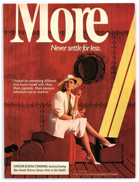 1987 More Cigarette Vintage Print Ad, Classy Woman White Outfit Red Luggage Boat