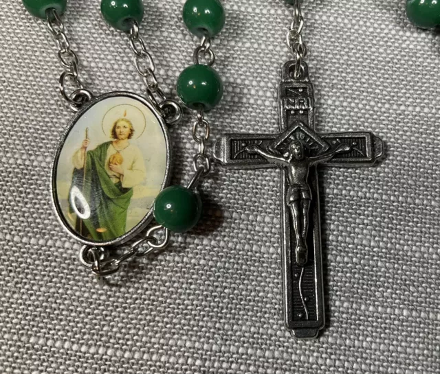 Vintage Rosary St Jude Green Beads Christian H76
