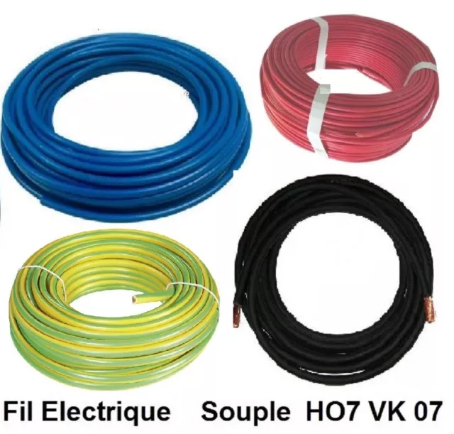 Fil électrique souple HO7-VK 25 mm² - 5 ou 10 mètres  Bleu Rouge Noir Vert-Jaune