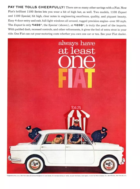 1962 Fiat 1100 Sedan Classic Car Vintage Print Ad Toll Booth Police Full Color