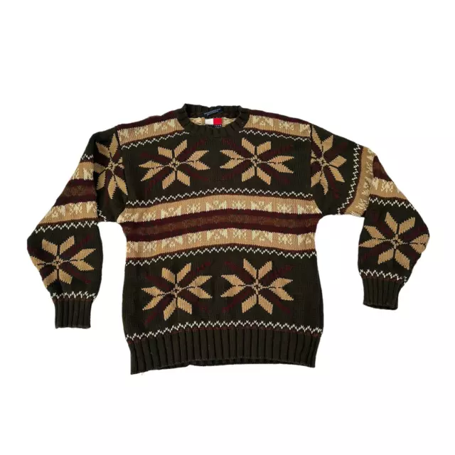 Vintage 90s Tommy Hilfiger Chunky Cotton Knit Mens Large Fair isle Sweater VTG