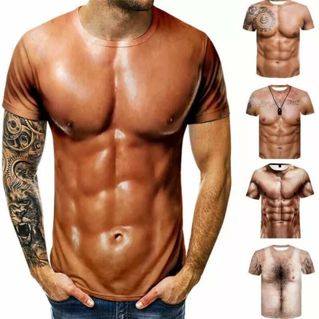 Men 3D Muscle Tattoo Print T-Shirt Short Sleeve Digital Printing T Shirt Summer