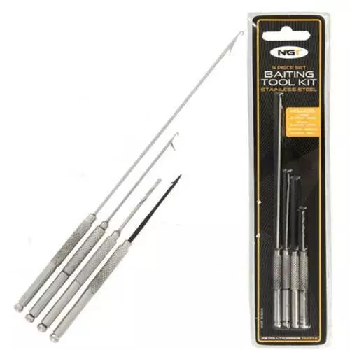 Ngt 4 Pc Stainless Steel Carp Fishing Baiting Needles Set, Hook, Drill Tools