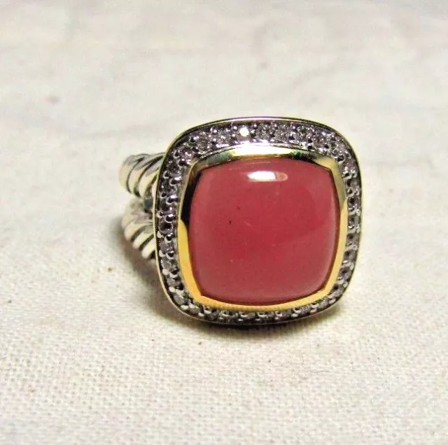 David Yurman Sterling Silver &18K 11MM Guava Chalcedony & Diamond Ring Size 6.25