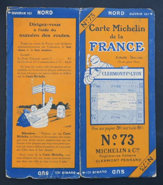 Carte MICHELIN old map n° 73 CLERMONT FERRAND 1926 Guide Bibendum pneu tyre