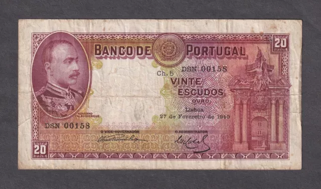 Banco De Portugal 1940 20 Escudos Lisboa Mousinho World Currency Banknote 🌈⭐🌈