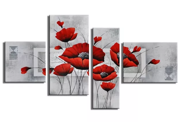 Mohn Retro handgemaltes Leinwandbild 120x70cm 4 teilig 3025