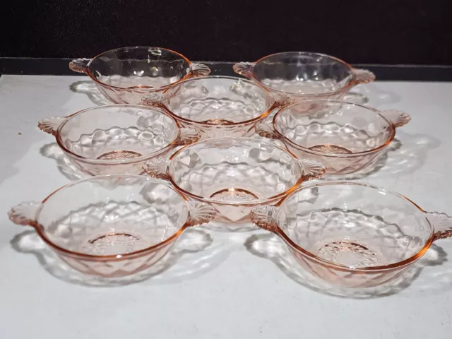 SET OF 8- Vintage Pink Depression Glass Diamond Optic Double Handled Glass Bowls