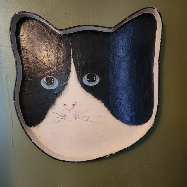 Vtg Black And White Cat Paper Maché Tray Handmade Hand Painted