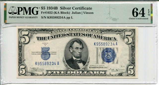 1934-B $5 Silver Certificate Rare KA Block PMG Choice Unc 64EPQ #K95589234A
