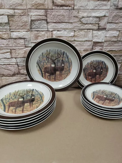 12 pc Folkcraft Stoneware Whitetail Buck Cabela's 6 Dinner Plates, Salad Plates