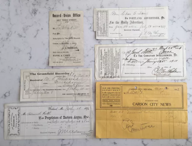 Antique Group Lot Of Newpaper Subscription Receipts Bills Carson City Portland