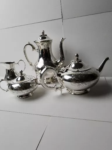 4pc English Silverplate EPNS Coffee & Tea Pot Service Cream & Sugar - Ornate!