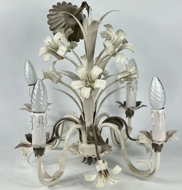 Vintage French 4 Arm White Toleware Chandelier Ceiling Light with Metal Flowers