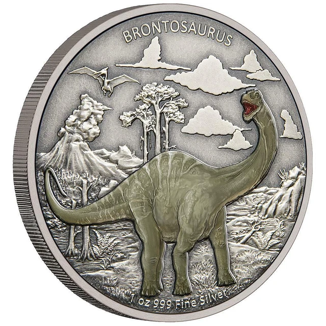 Silbermünze Brontosaurus Dinosaurier (5.) 2021 - Niue - 1 Oz Antik Finish