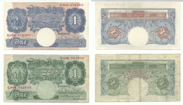 Banknotes; set of two Peppiatt, Britannia design 1 @ green, 1 @ blue