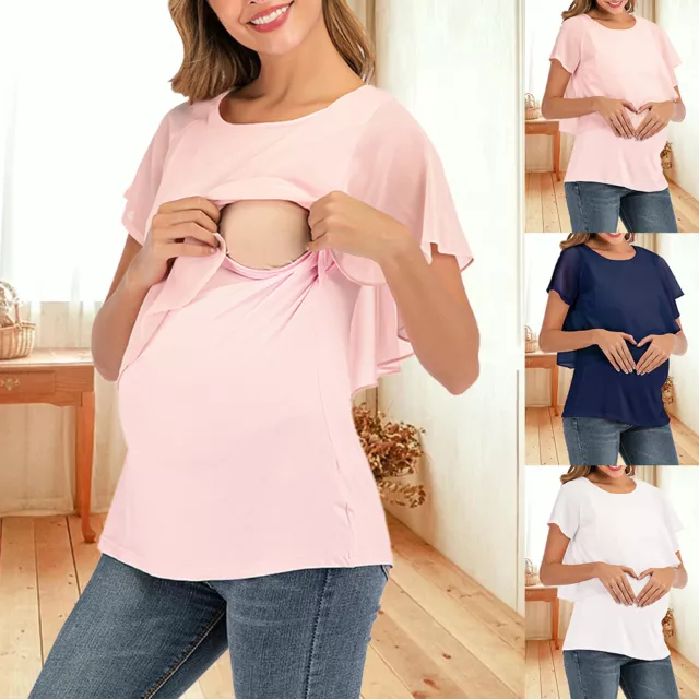 Maternity Womens Pregancy Chiffon T Shirt Tops Breastfeeding Nursing Blouse Tee 2