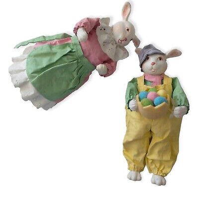 Vtg Easter Bunny Rabbit Figures Paper Mache Pastels Spring Retro Eggs Mr & Mrs