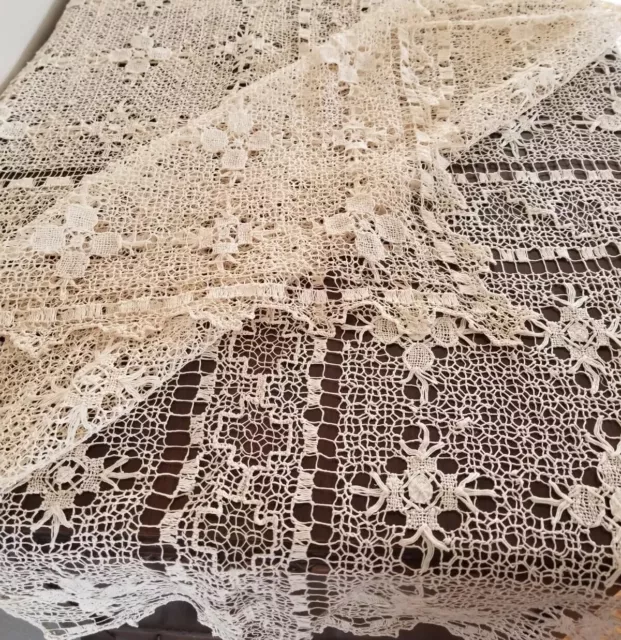 Antique Crochet Tatted Lace Tablecloth Floral Netting 82"x 60" Vintage Rectangle