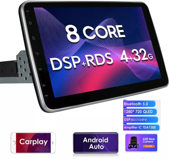 10.1" Android Single 1DIN Autoradio Carplay GPS Nav BT 4+32GB DSP 8Kern RDS+AHD