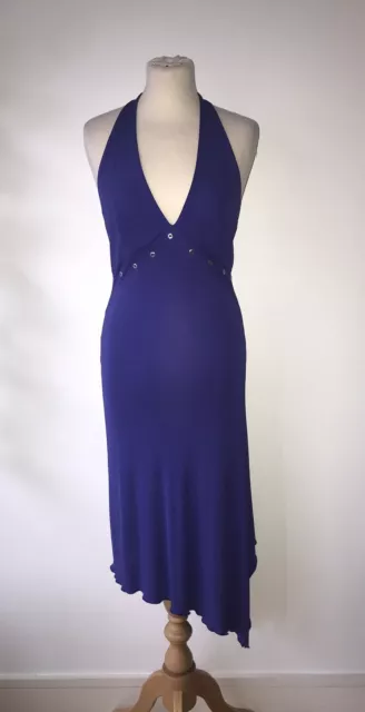 Mugler Sz L Purple V-Neck S/Less Eyelet Asymmetric Calf Length Stretch Dress 3