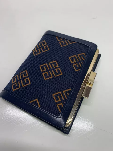 Givenchy Wallet Monogram Logo Leather Canvas Bi Fold Navy Gold Vintage 4.5"