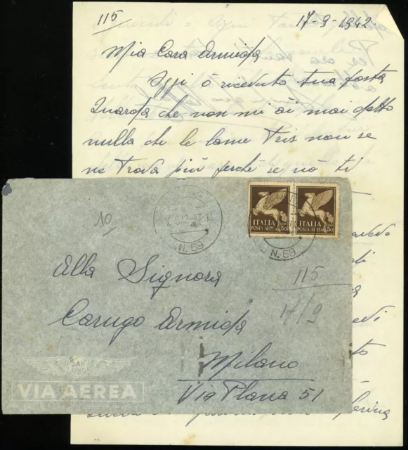 Italy Military Post Airmail Cover Postage w Letter 1942 Europe WWII