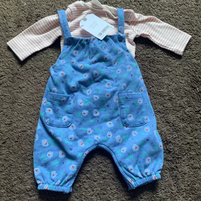 BNWT NEXT Baby Girls First Size Blue Multi Dungaree Set