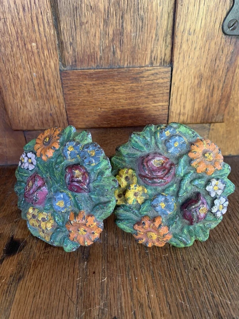 2-Antique Cast Iron Floral Flower Original Paint Curtain Tie Backs Nice!