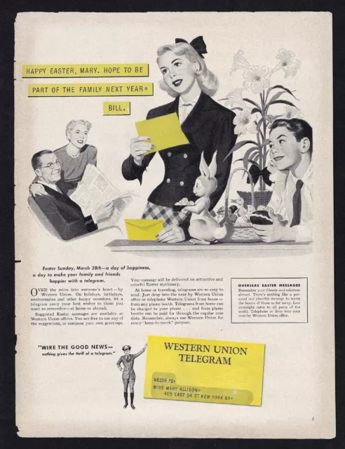 1948 WESTERN UNION Print Ad - Easter Telegram to the Family