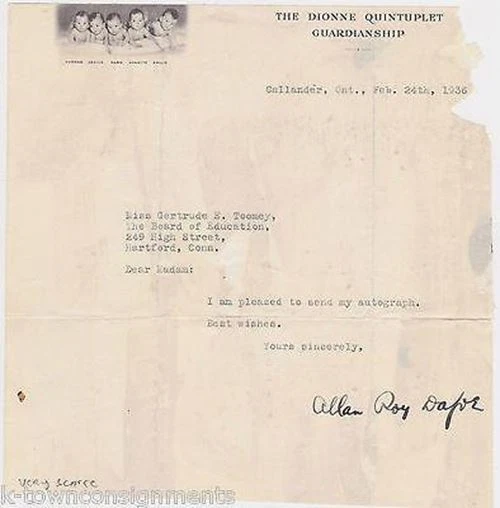 Allan Roy Dafoe Dionne Quintuplets Doctor Guardian Autograph Signed Stationery