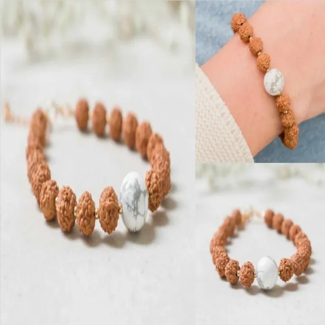 Natural 6mm brown Rudraksha 10mm white howlite 14K Gold bracelet Children