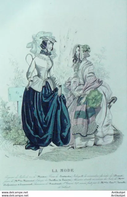 Gravure La mode 1842 n°28 Amazone redingote de mousseline robe perkale