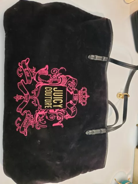 Juicy Couture Black Velvet Velour Large Tote Bag Hand Pink Crown Heart Y2K VTG